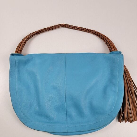 Borsetta Milano Blue Leather Shoulder Bag With Braided Strap Tassled - Picture 1 of 15